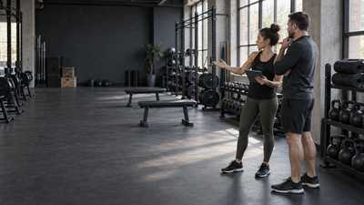 Two unbranded fitness staff reviewing an empty functional training studio with prepared equipment before opening