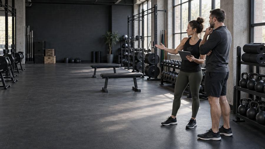 Two unbranded fitness staff reviewing an empty functional training studio with prepared equipment before opening