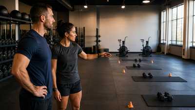Two unbranded fitness coaches reviewing prepared circuit stations in a functional training studio before class