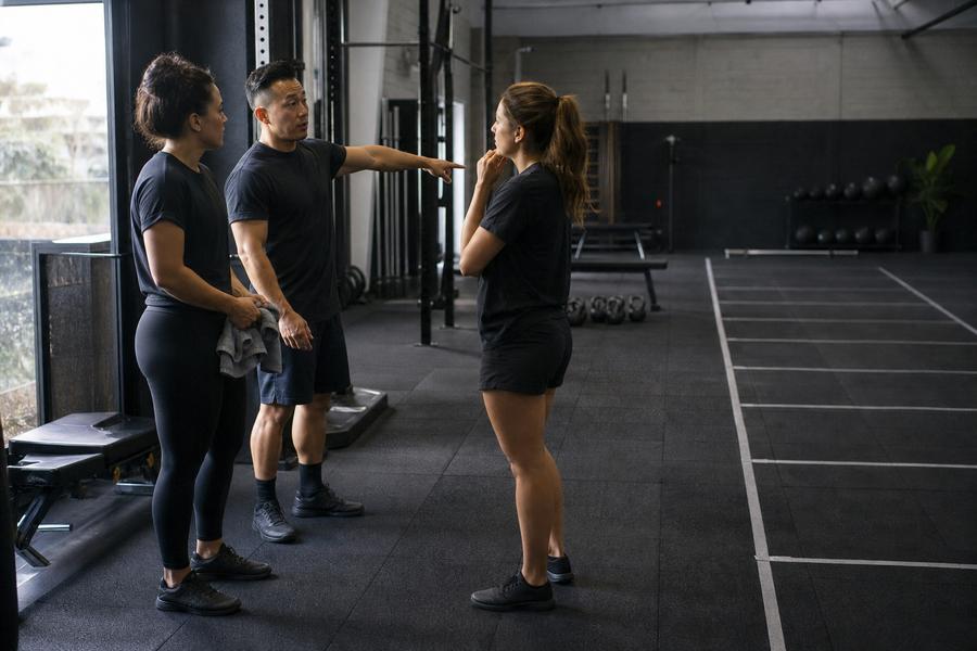 Three unbranded fitness coaches discussing an empty marked training lane after a group class