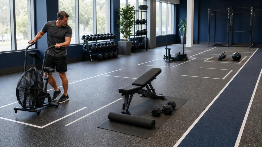 Fitness coach moving an air bike beside a prepared alternate bench and dumbbell station in an unbranded training studio