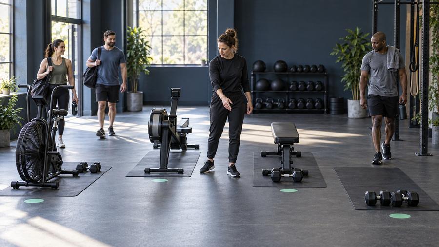 Coach checking clear exercise stations as members arrive in an unbranded functional training studio