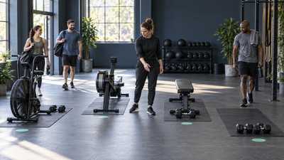 Coach checking clear exercise stations as members arrive in an unbranded functional training studio