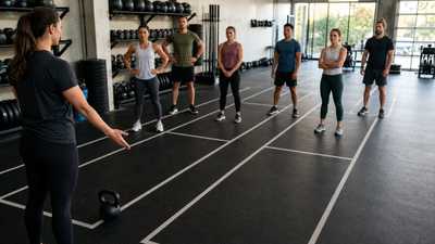 Group fitness coach pointing to a marked start lane while six members wait in an unbranded functional training studio