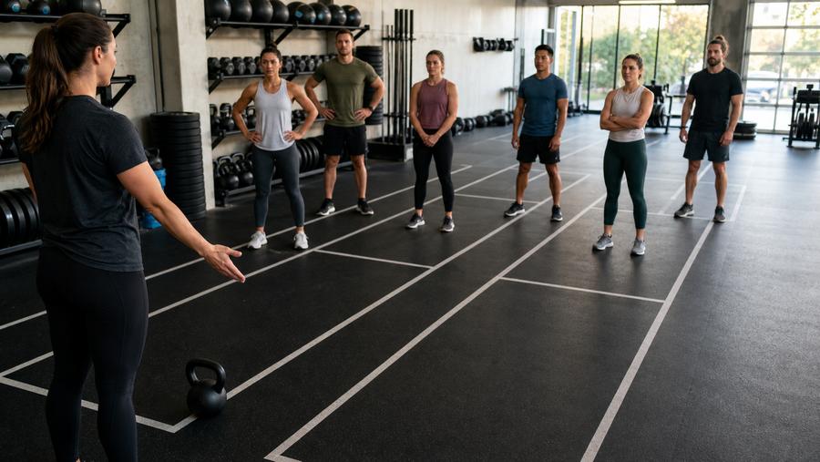 Group fitness coach pointing to a marked start lane while six members wait in an unbranded functional training studio