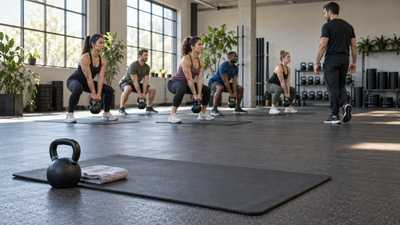 A prepared but unused kettlebell station in the foreground while a coach leads a small group fitness class behind it