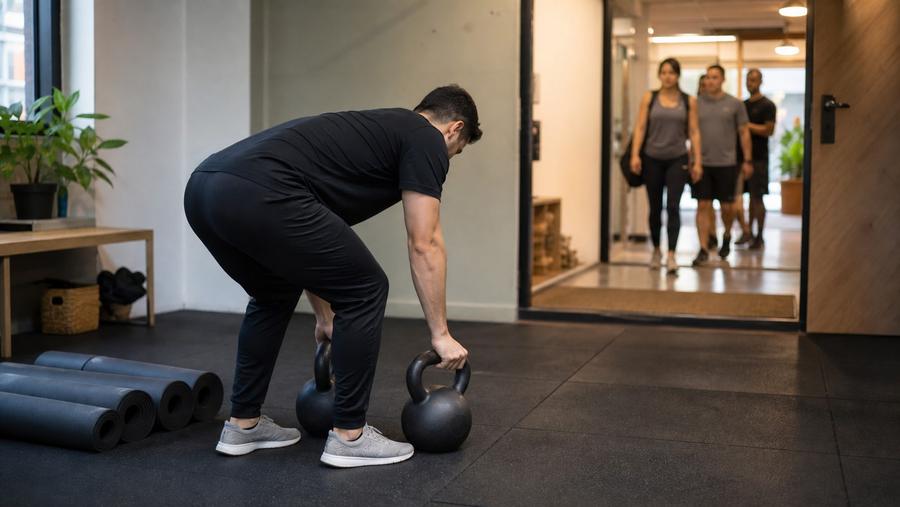 Staff resetting equipment between two back-to-back group fitness classes