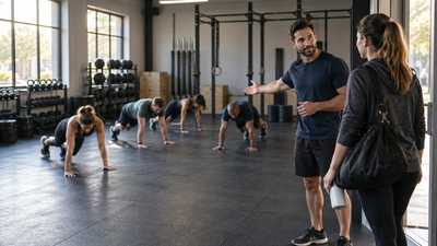 A group fitness coach briefly orienting a late-arriving member while a class continues its floor warm-up