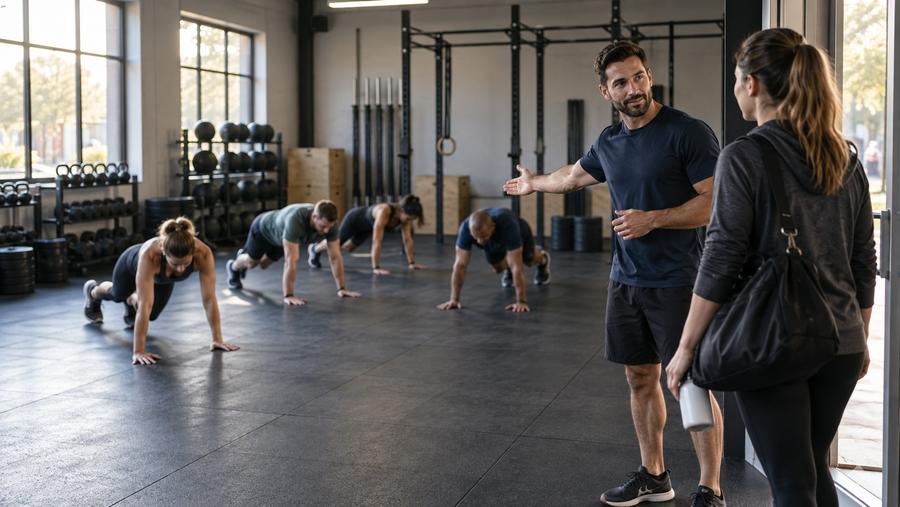 A group fitness coach briefly orienting a late-arriving member while a class continues its floor warm-up