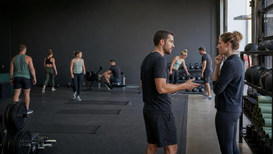 Gym coach and operations manager discussing a group class while members reset equipment in an unbranded functional training gym