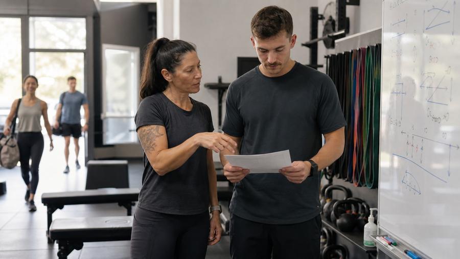 An experienced coach walking a newly hired coach through a session plan before a group class