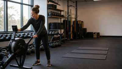 Group fitness coach checking a rowing machine before an early morning class in an unbranded functional training gym