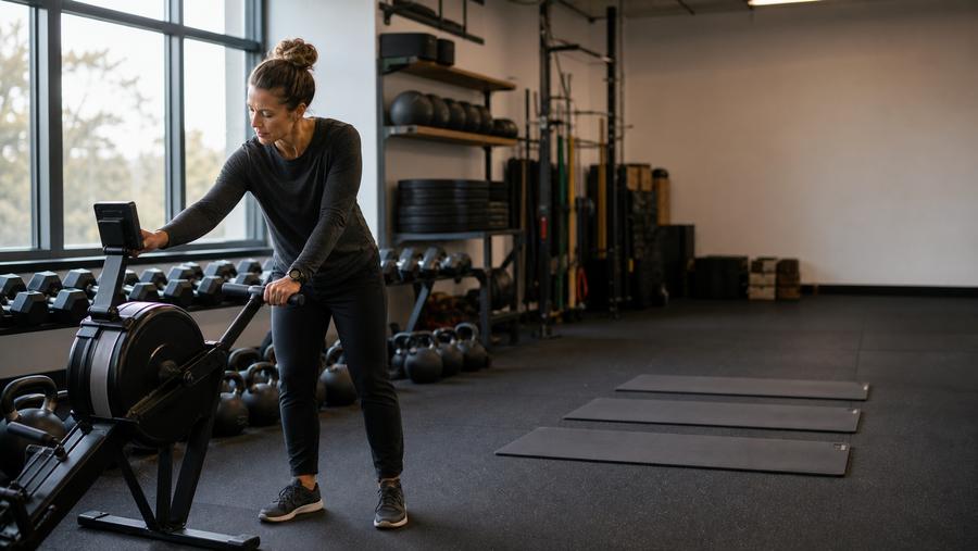 Group fitness coach checking a rowing machine before an early morning class in an unbranded functional training gym