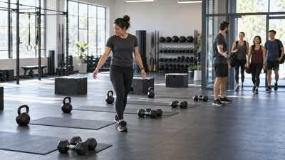 Two coaches preparing kettlebell and dumbbell stations while members arrive for a group fitness class