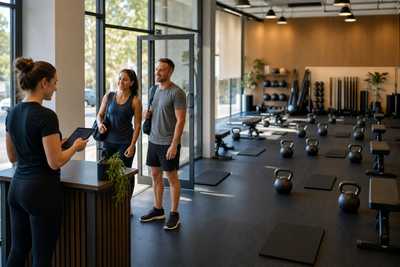 Members arriving for a fully booked group fitness class as staff check capacity at the front desk